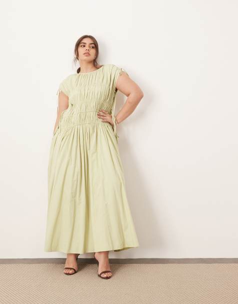 ARRANGE Curve - Vestito midi a trapezio verde salvia slavato minimal in cotone con coulisse e tasche - view 1
