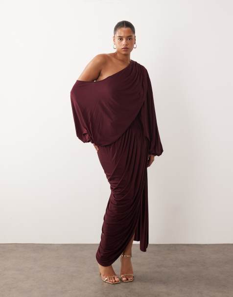 ARRANGE Curve - Vestito midi drappeggiato bordeaux con strascico e spalla scivolata - view 1