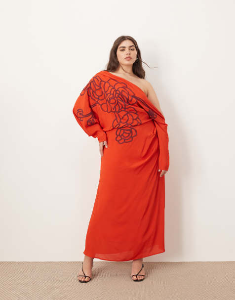 ARRANGE Curve - Vestito midi extra largo rosso con fiori ricamati e spalla drappeggiata - view 1