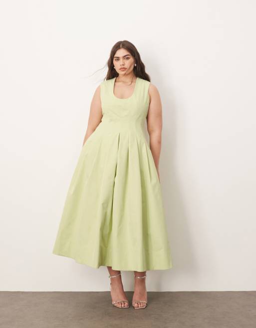 ARRANGE Curve - Vestito midi strutturato verde pistacchio con occhielli e scollo profondo, 3 di 4