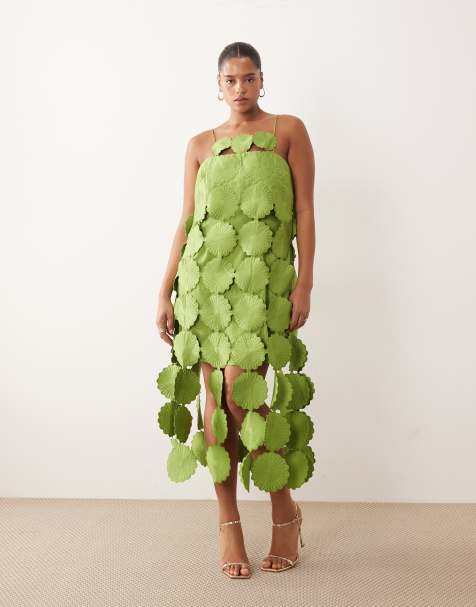 ARRANGE Curve - Vestito midi verde oliva a fiori in pizzo sangallo con fondo con frange - view 1