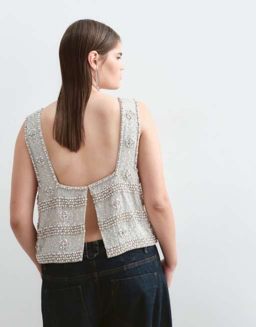 ARRANGE Curve vintage-geïnspireerde boxy cropped top met kralen in zilver, 4 van 5