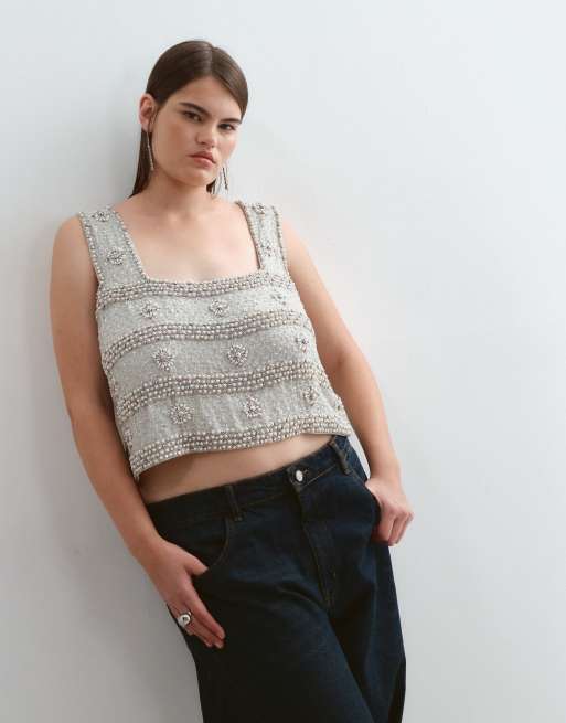 ARRANGE Curve vintage inspired beaded boxy crop top in silver, 1 of 5