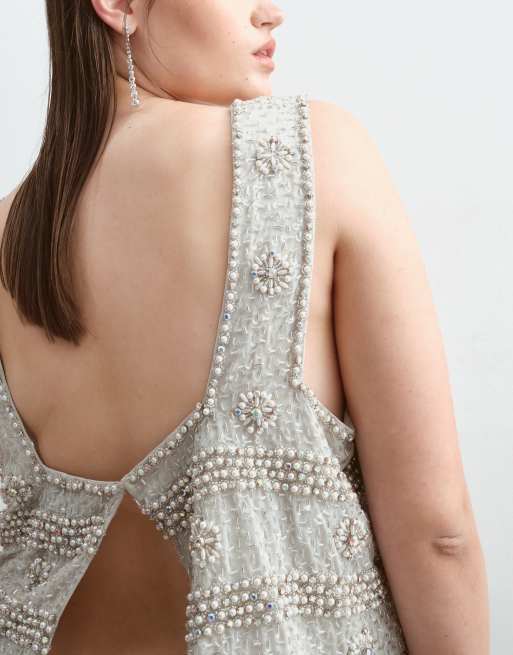ARRANGE Curve vintage inspired beaded boxy crop top in silver, 2 of 5