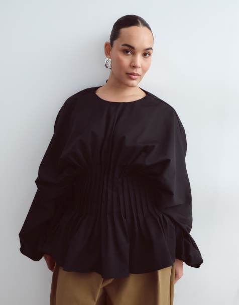 ARRANGE Curve volume sleeve pleated cinched waist top in black - view 1