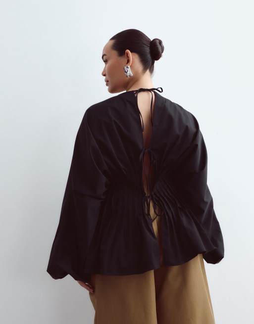 ARRANGE Curve volume sleeve pleated cinched waist top in black, 3 of 4