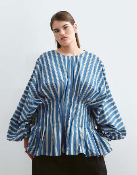 ARRANGE Curve volume sleeve pleated cinched waist top in blue stripe - view 1