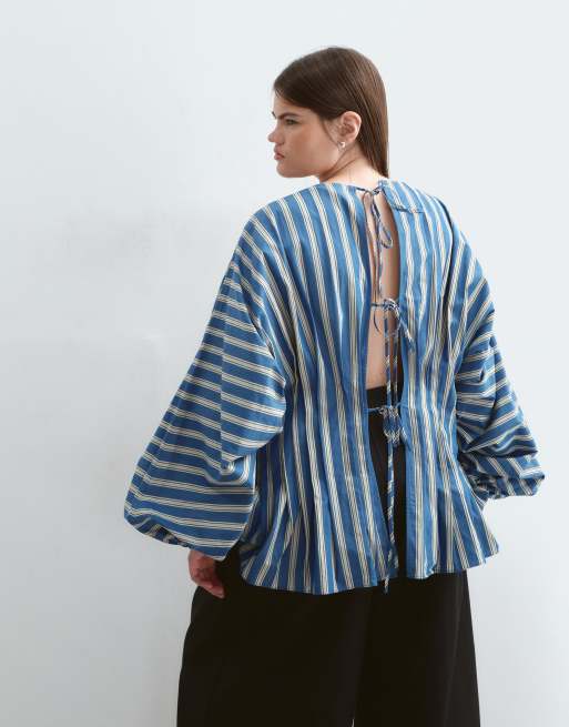 ARRANGE Curve volume sleeve pleated cinched waist top in blue stripe, 4 of 5