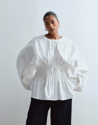 Arrange Curve Volume Sleeve Pleated Cinched Waist Top In White