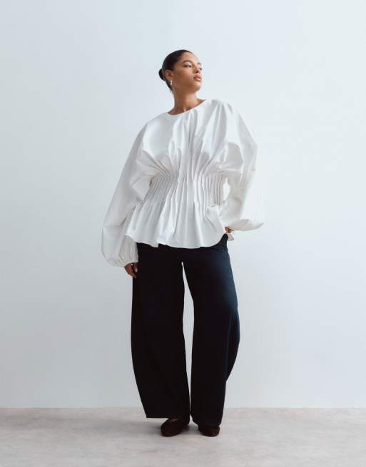 ARRANGE Curve volume sleeve pleated cinched waist top in white, 2 of 4