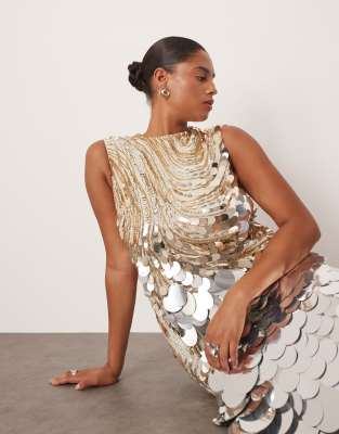 Arrange Curve Wavey Linear Embellished High Neck Square Hem Maxi Dress-gold In Gold