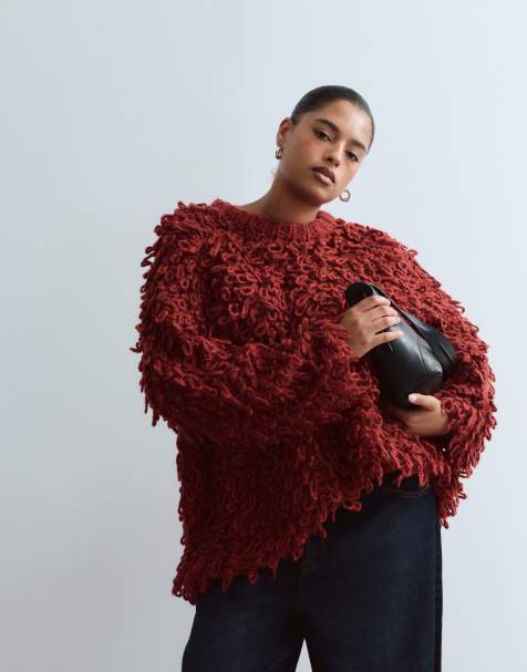 ARRANGE Curve wool blend hand knit ultimate loop fringe sweater in burgundy - view 1