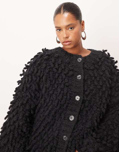 ARRANGE Curve wool hand knit ultimate loop fringe cardigan in black - BLACK - view 1