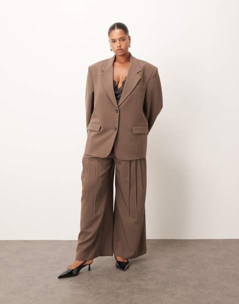 ARRANGE Curve wool oversized single breasted blazer and pleated wide leg pants in chocolate - view 1