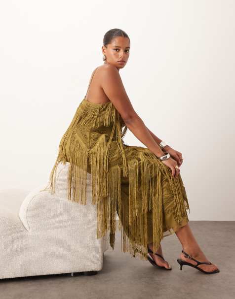 ARRANGE Curve geo fringe cami column maxi dress in moss green