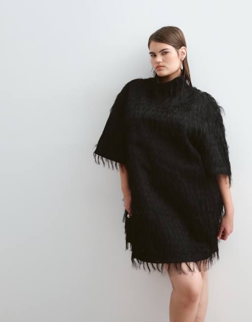 ARRANGE Curve&nbsp;fringe high neck t-shirt sleeve mini dress in black, 3 of 5