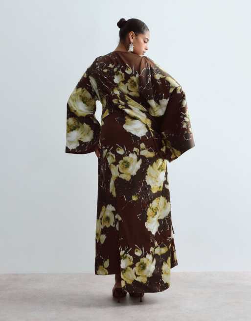 ARRANGE Curve&nbsp;satin drape long sleeve maxi dress in chocolate floral print, 3 of 4