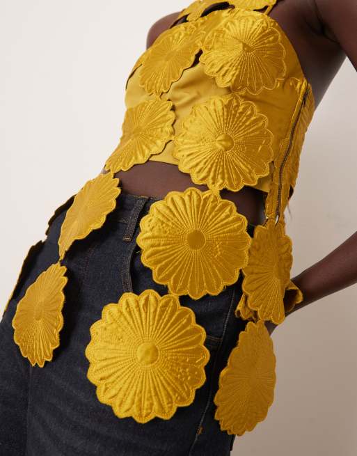 ARRANGE cut work floral fringe hem top in gold, 3 of 4