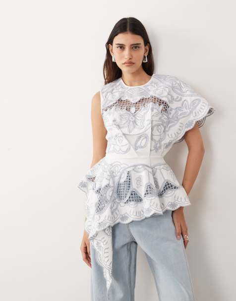 ARRANGE cut work floral one shoulder top in light blue - view 1