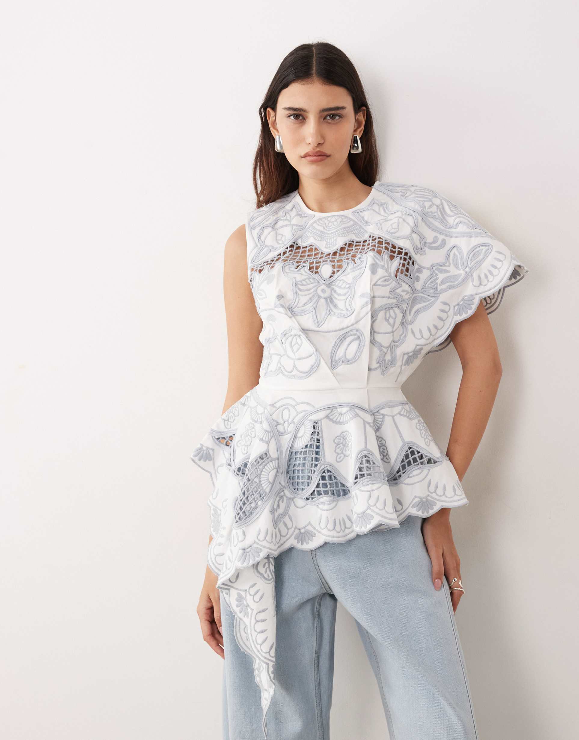 arrange cut work floral one shoulder top in light blue