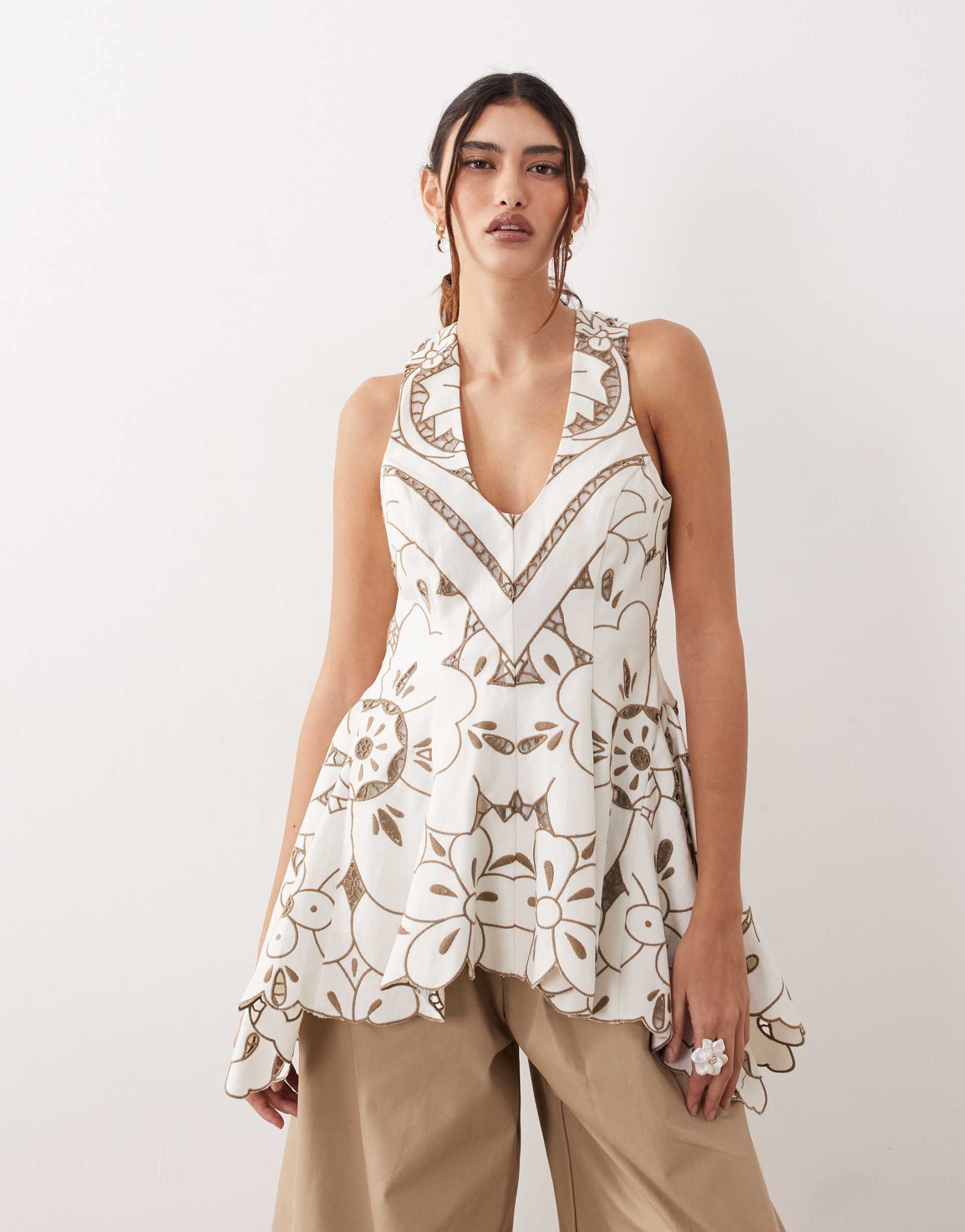 arrange cutwork embroidered longline trapeze hem top