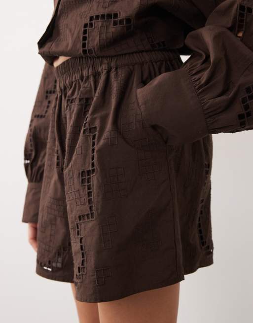 ARRANGE cutwork embroidered short co-ord in chocolate, 4 of 5