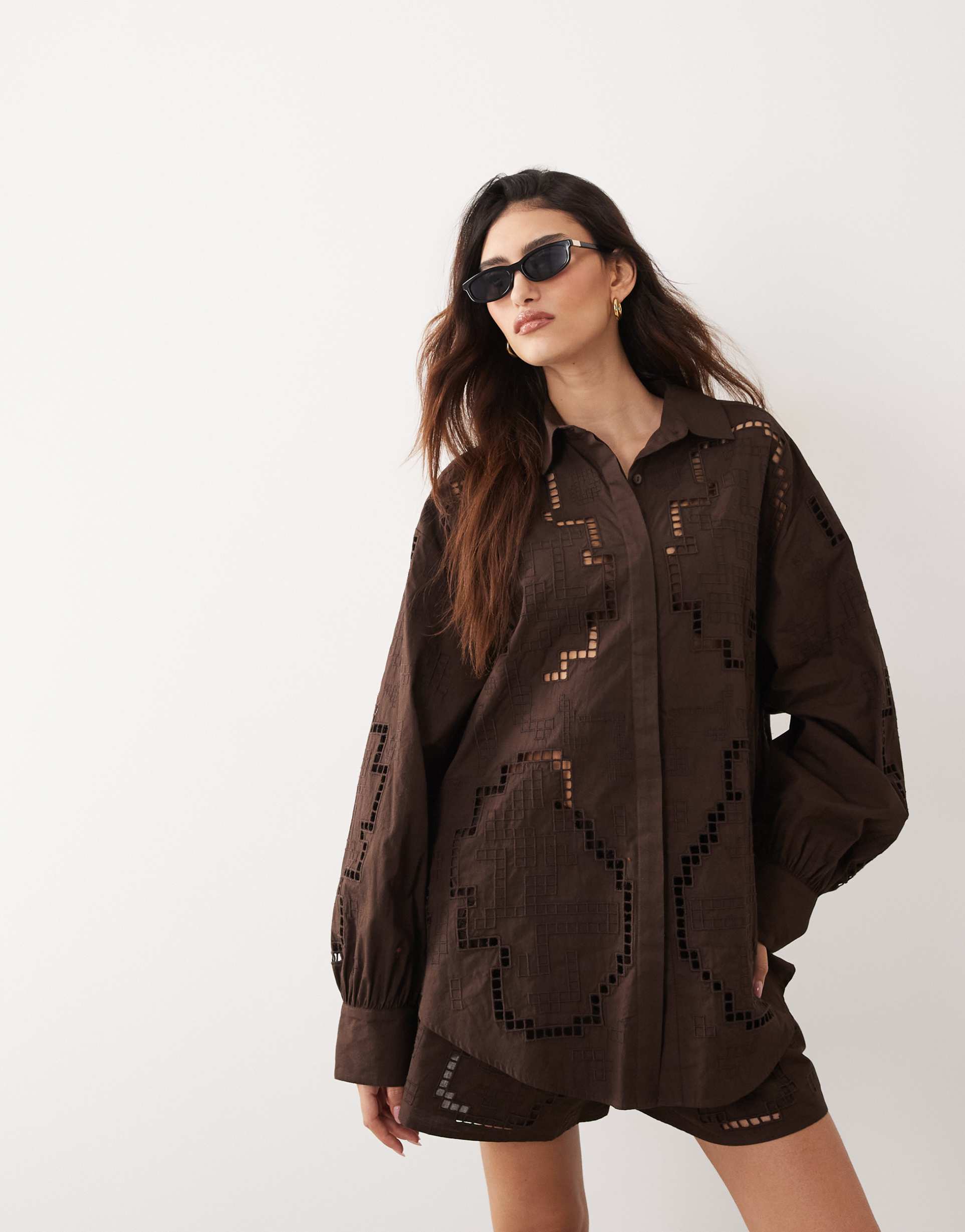 arrange cutwork embroidered shorts in chocolate - part of a set