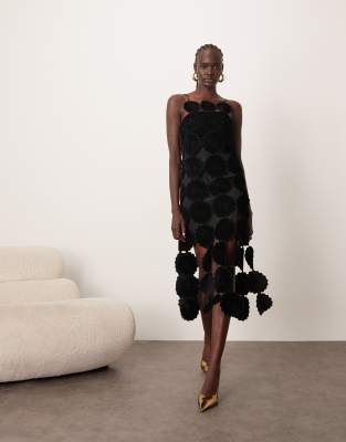 arrange cutwork floral midi dress with fringe hem in green halterneck velvet in black colourway-taleah