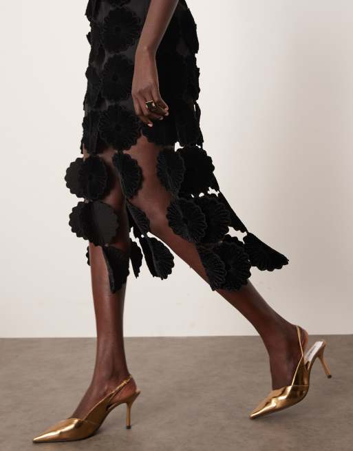 ARRANGE cutwork floral halterneck midi dress in velvet with fringe hem in Black