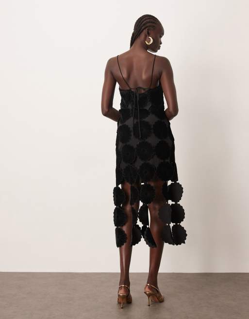 ARRANGE cutwork floral halterneck midi dress in velvet with fringe hem in Black