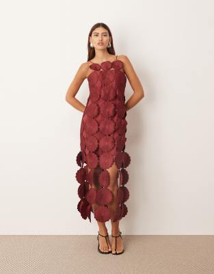Arrange Cutwork Floral Midi Dress With Fringe Hem In Red