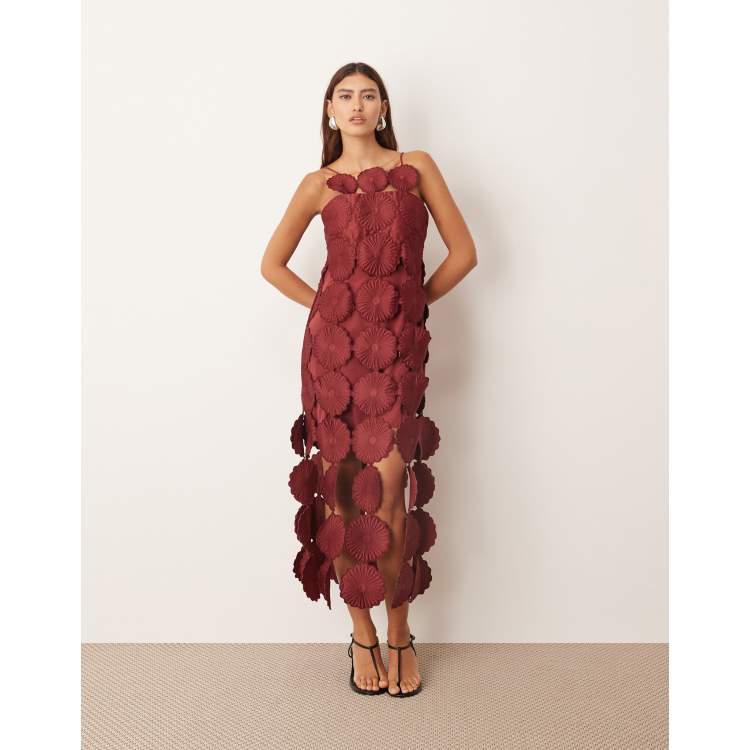 arrange cutwork floral midi dress with fringe hem in green ARRANGE cutwork floral midi dress with fringe hem in burgundy