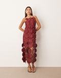 [ARRANGE] ARRANGE cutwork floral midi dress with fringe hem in burgundy-Red 16 BURGUNDY