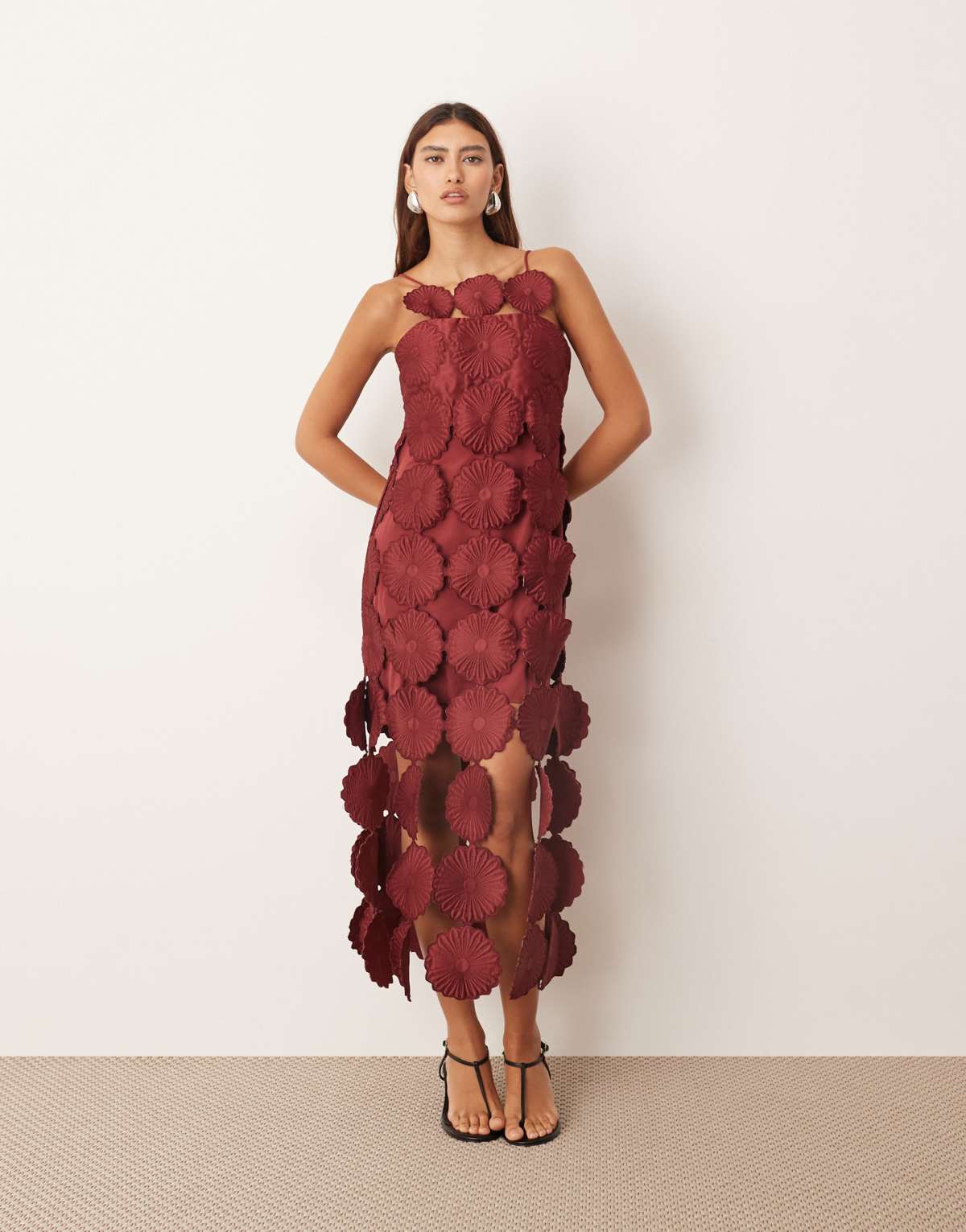 ARRANGE cutwork floral midi dress with fringe hem in burgundy