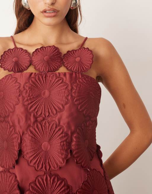 ARRANGE cutwork floral midi dress with fringe hem in burgundy