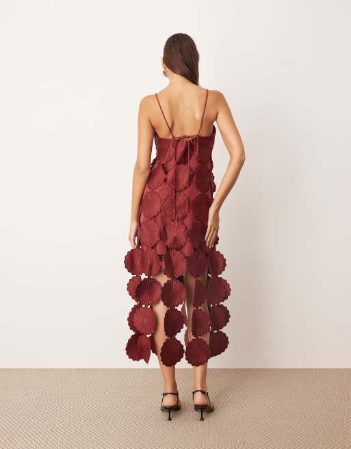 ARRANGE cutwork floral midi dress with fringe hem in burgundy