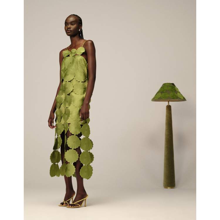 ARRANGE cutwork floral midi dress with fringe hem in olive green | ASOS