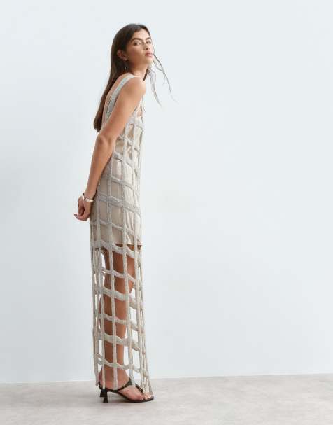 ARRANGE cutwork grid embellished column maxi dress in silver