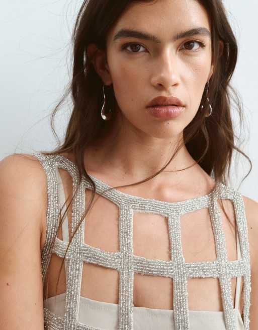 ARRANGE cutwork grid embellished column maxi dress in silver, 5 of 5