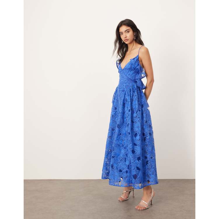 ARRANGE cutwork lace drop waist ruffle detail midi dress with tie back in  cobalt blue