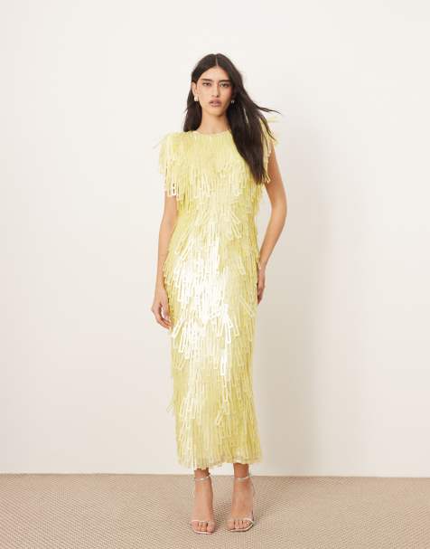 ARRANGE embellished geo sequin shoulder pad midi dress in lemon