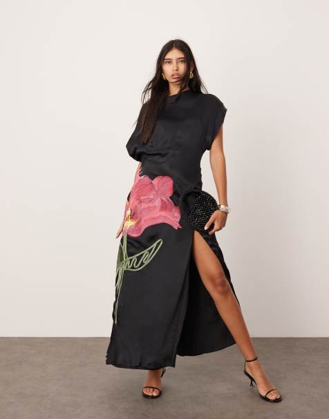 ARRANGE embroidered floral asymmetric maxi dress in black