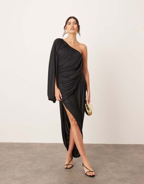 ARRANGE drape one shoulder maxi dress with tulip skirt in black