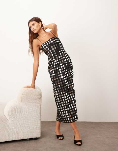 ARRANGE mirror embellished cami column midi dress in black