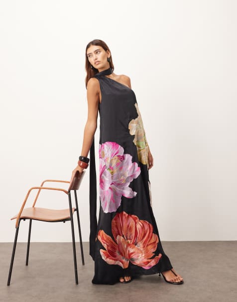 ARRANGE supersize floral embroidered scarf neck one shoulder maxi dress in black