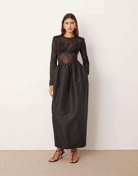 ARRANGE long sleeve lace and bonded satin maxi dress in black