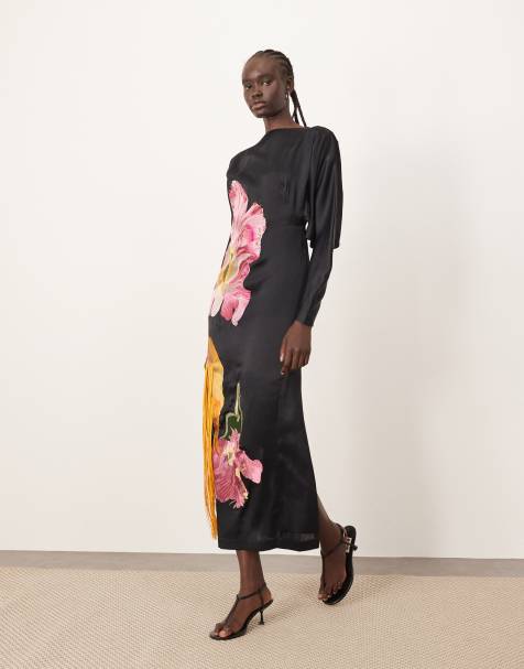 ARRANGE dripping floral embroidered strong shoulder open back maxi dress in black