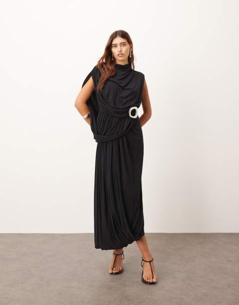 ARRANGE sleeveless draped hem midi dress with buckle trim detail in black