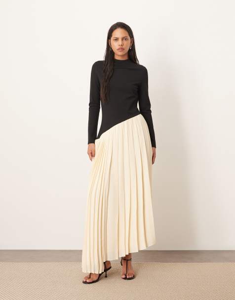 ARRANGE contrast fabric sculpted maxi dress with pleat skirt in black