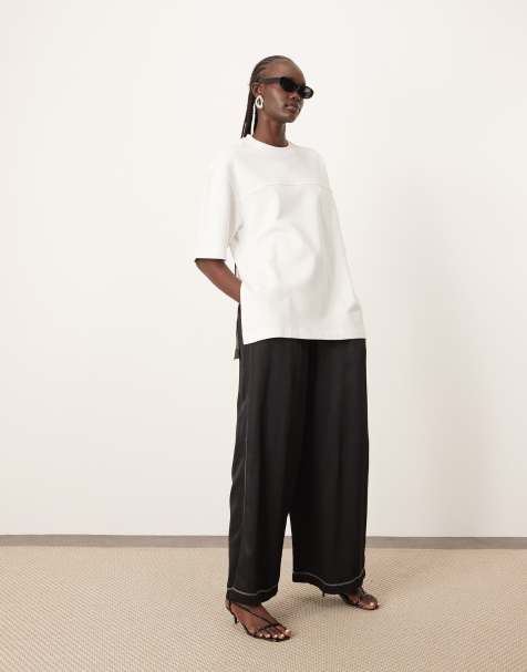 ARRANGE linen super wide trouser with contrast stitch in black